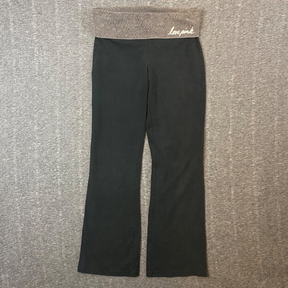 Y2K Victoria's‎ Secret PINK Yoga Foldover Pants Small Black Gray Lace Waistband